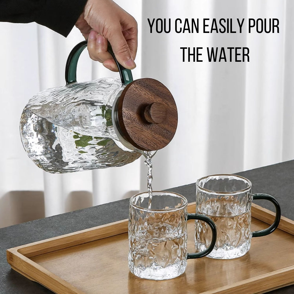 Locaupin Borosilicate Glass Wooden Lid Pitcher with Cup Transparent Heat Cold Resistant Drinking Glass Cup Set Drinkware Bottle