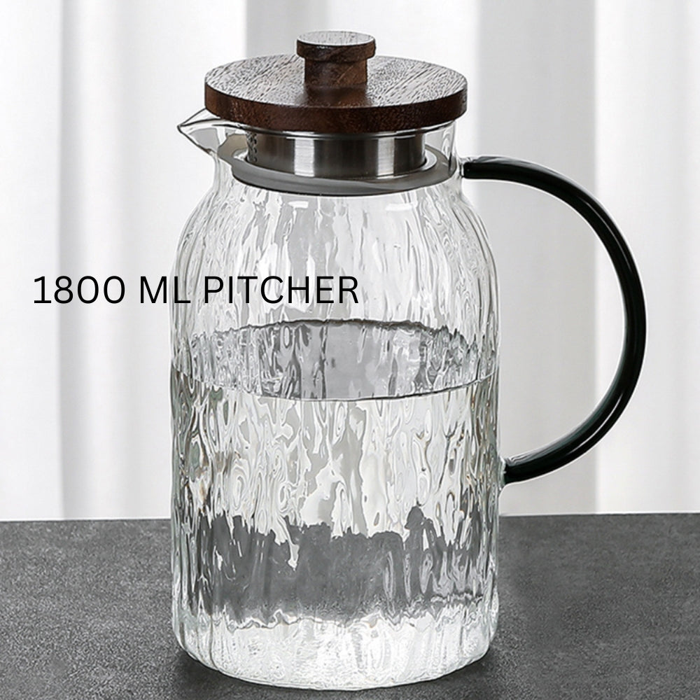 Locaupin Borosilicate Glass Wooden Lid Pitcher with Cup Transparent Heat Cold Resistant Drinking Glass Cup Set Drinkware Bottle