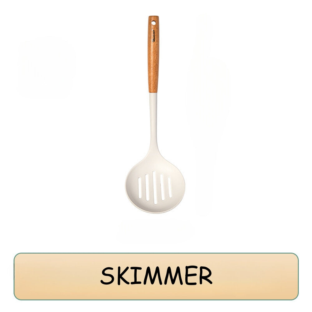 Locaupin High Quality Food Grade Silicone Cooking Utensils Kitchenware Spoon Ladle Turner With Wooden Handle Non Stick Cookware