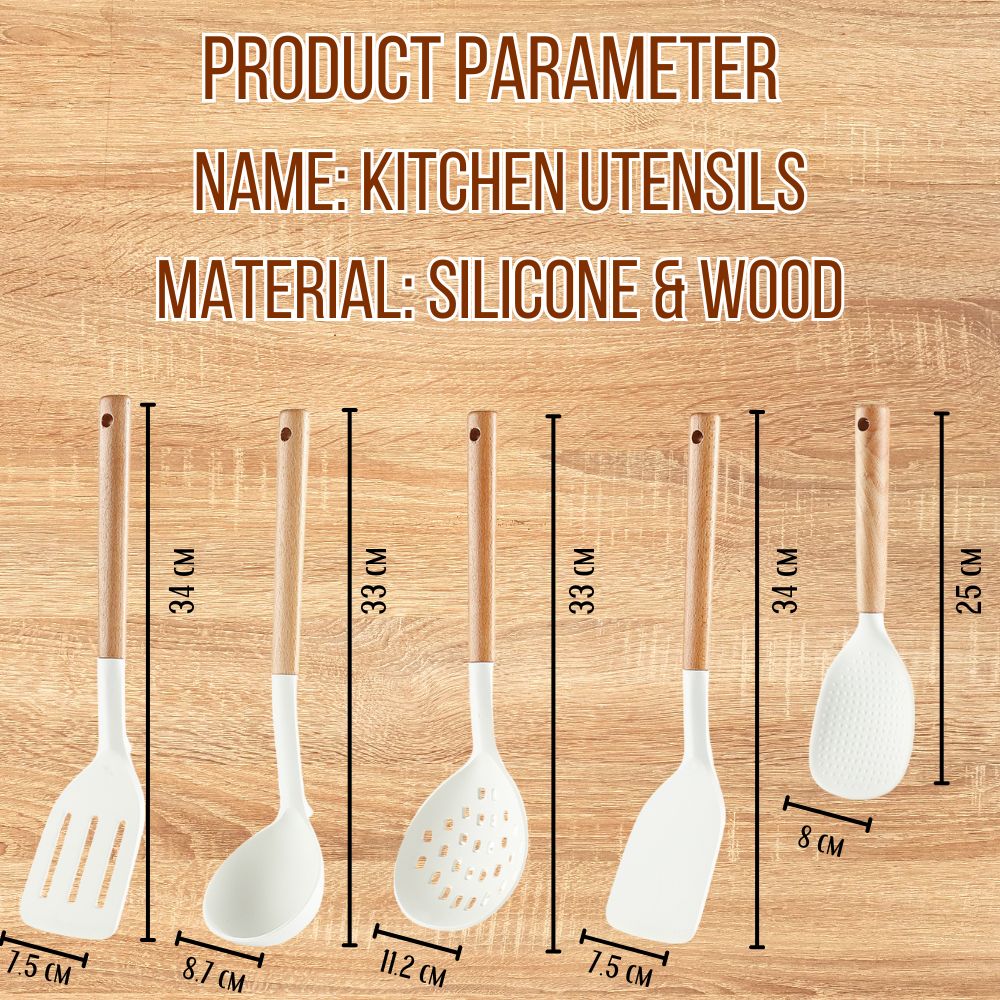 Locaupin SET Silicone Cooking Utensil Non Stick Heat Resistant Kitchen Tools with Wooden Handle Food Grade High Quality Cookware