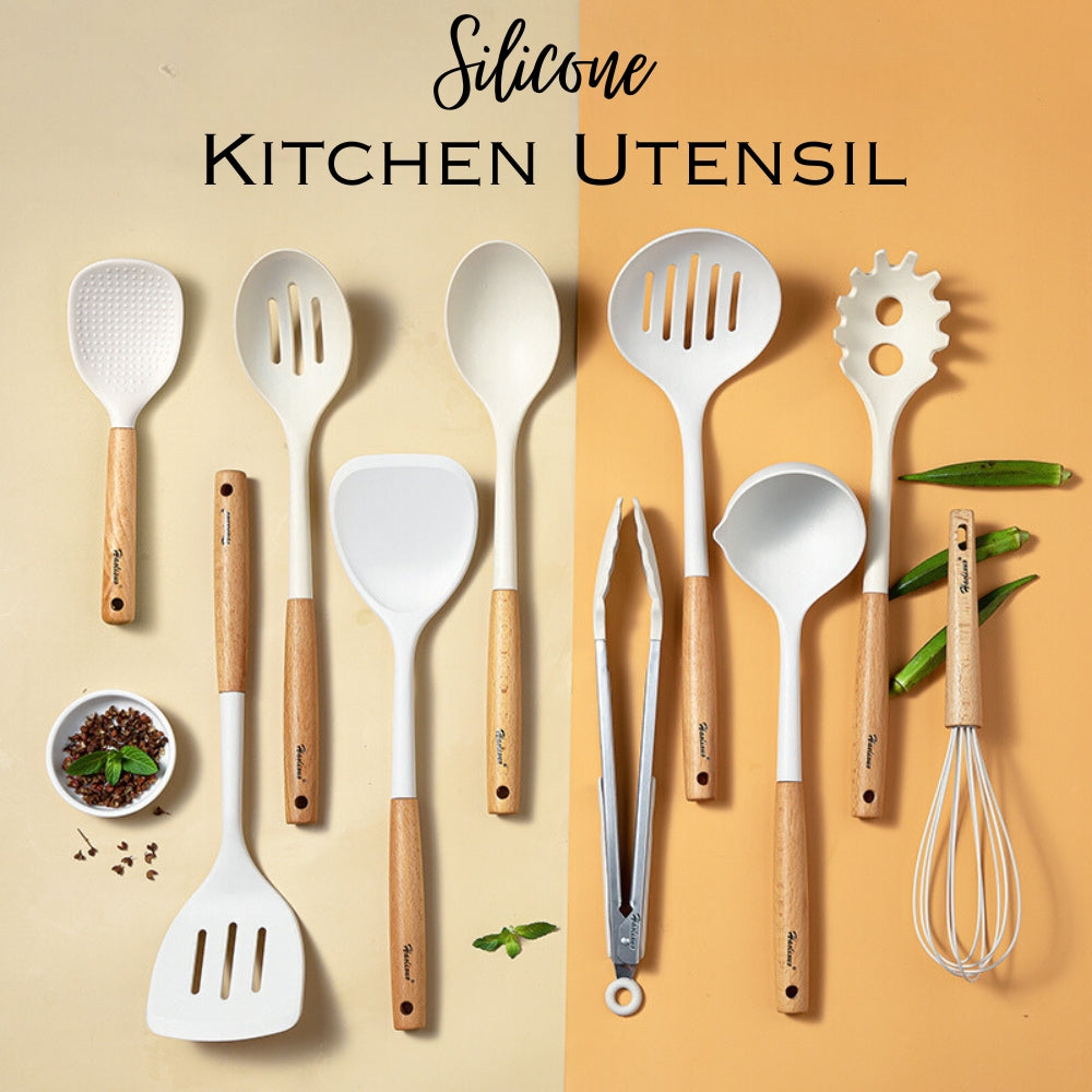 Locaupin High Quality Food Grade Silicone Cooking Utensils Kitchenware Spoon Ladle Turner With Wooden Handle Non Stick Cookware
