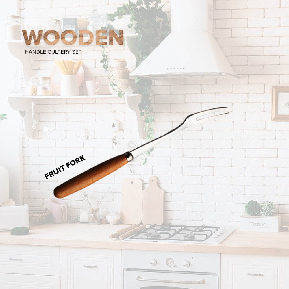 Locaupin Tableware Bamboo Handle Stainless Steel Cutlery Spoon Two Prong Fork Fruit Cake Knife Chopsticks Teaspoon Salad Appetizer Dinner Dish