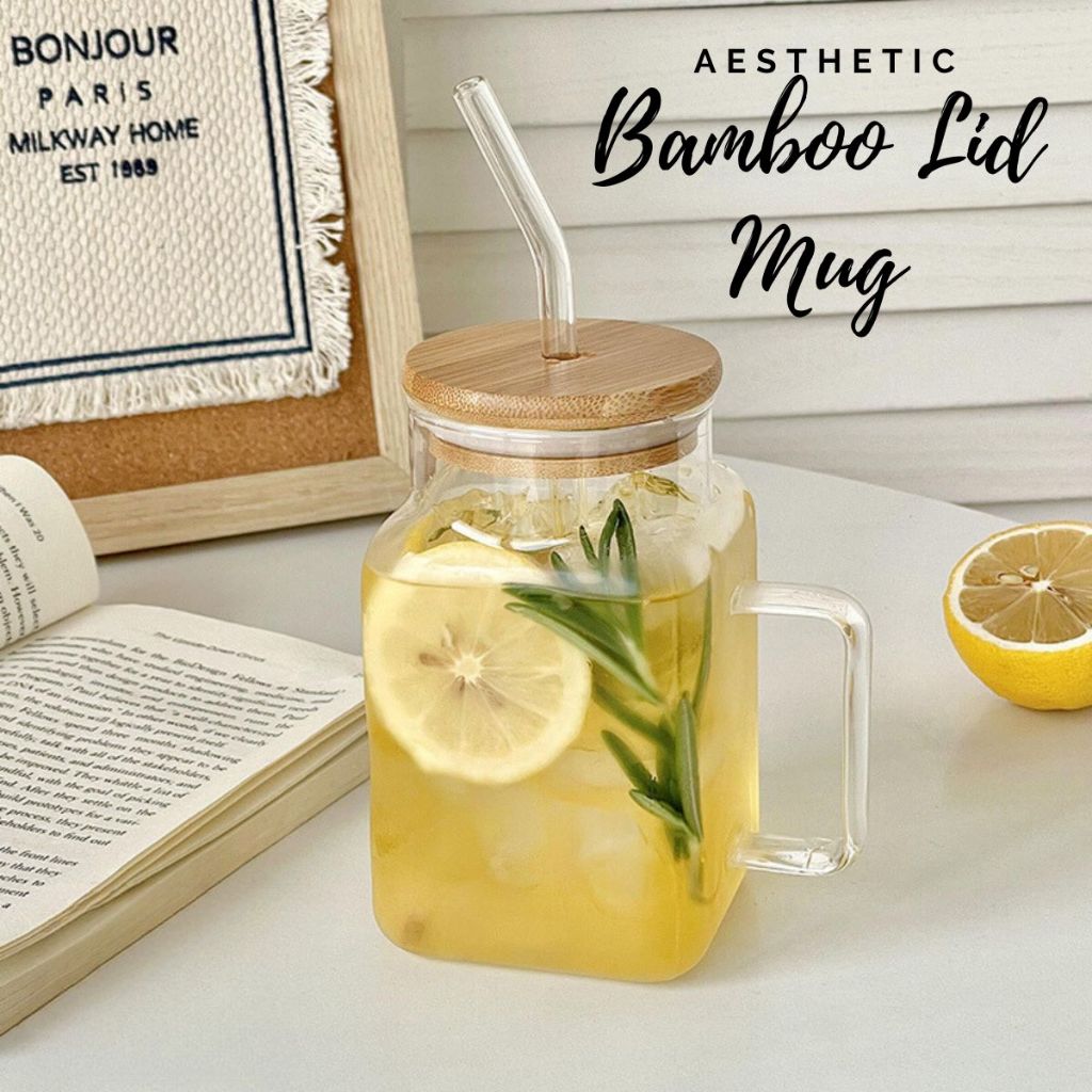 LOCAUPIN Bamboo Lid Borosilicate Glass Coffee Mug with Handle Stovetop Safe Drinking Straw Juice Cup