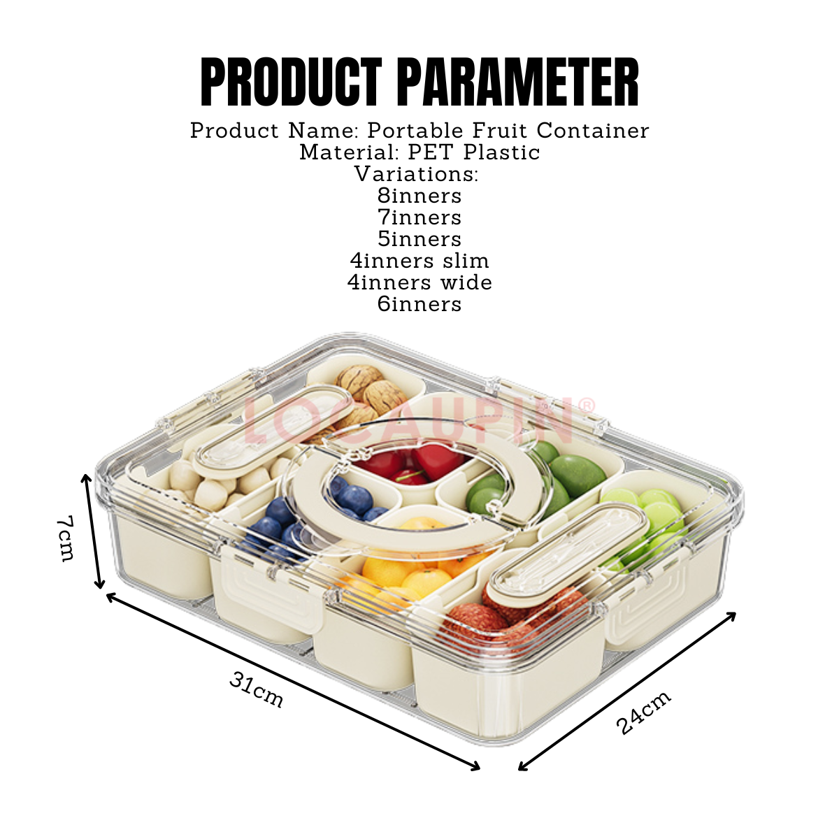 Locaupin Portable Multicompartment Container Fruits and Snacks Divided Tray with Lid and Handle Ideal for Party Travel Picnic Use