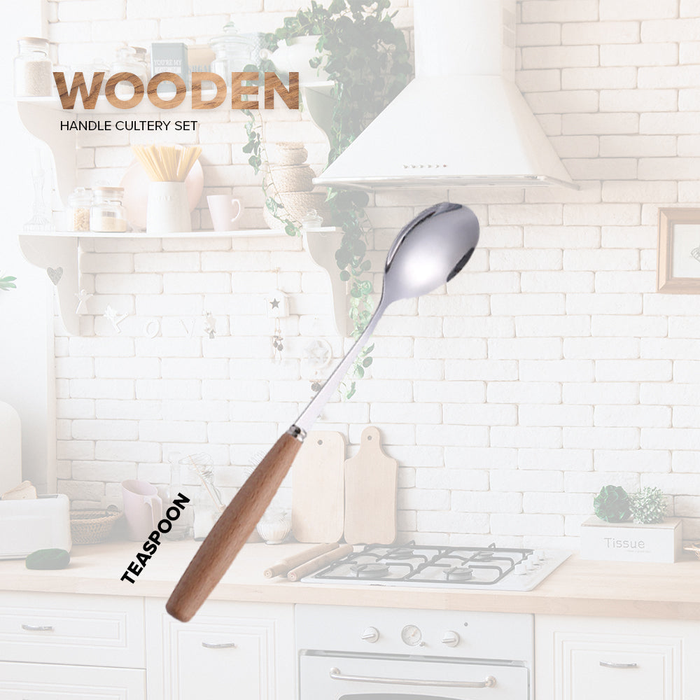 Locaupin Tableware Bamboo Handle Stainless Steel Cutlery Spoon Two Prong Fork Fruit Cake Knife Chopsticks Teaspoon Salad Appetizer Dinner Dish