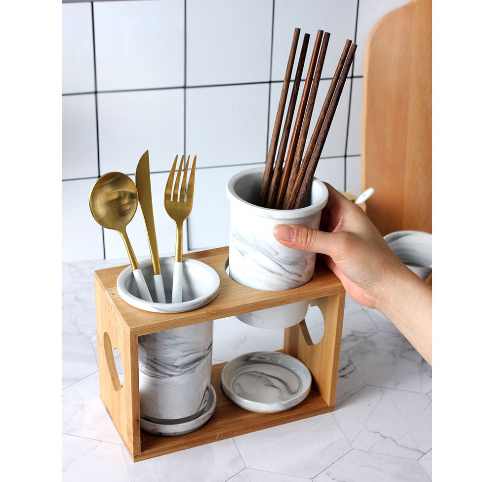 Locaupin Nordic Porcelain Kitchen Utensils Cutlery Holder Rack Chopstick Spoon Fork Jar Container Bamboo Cage Storage with Drainer