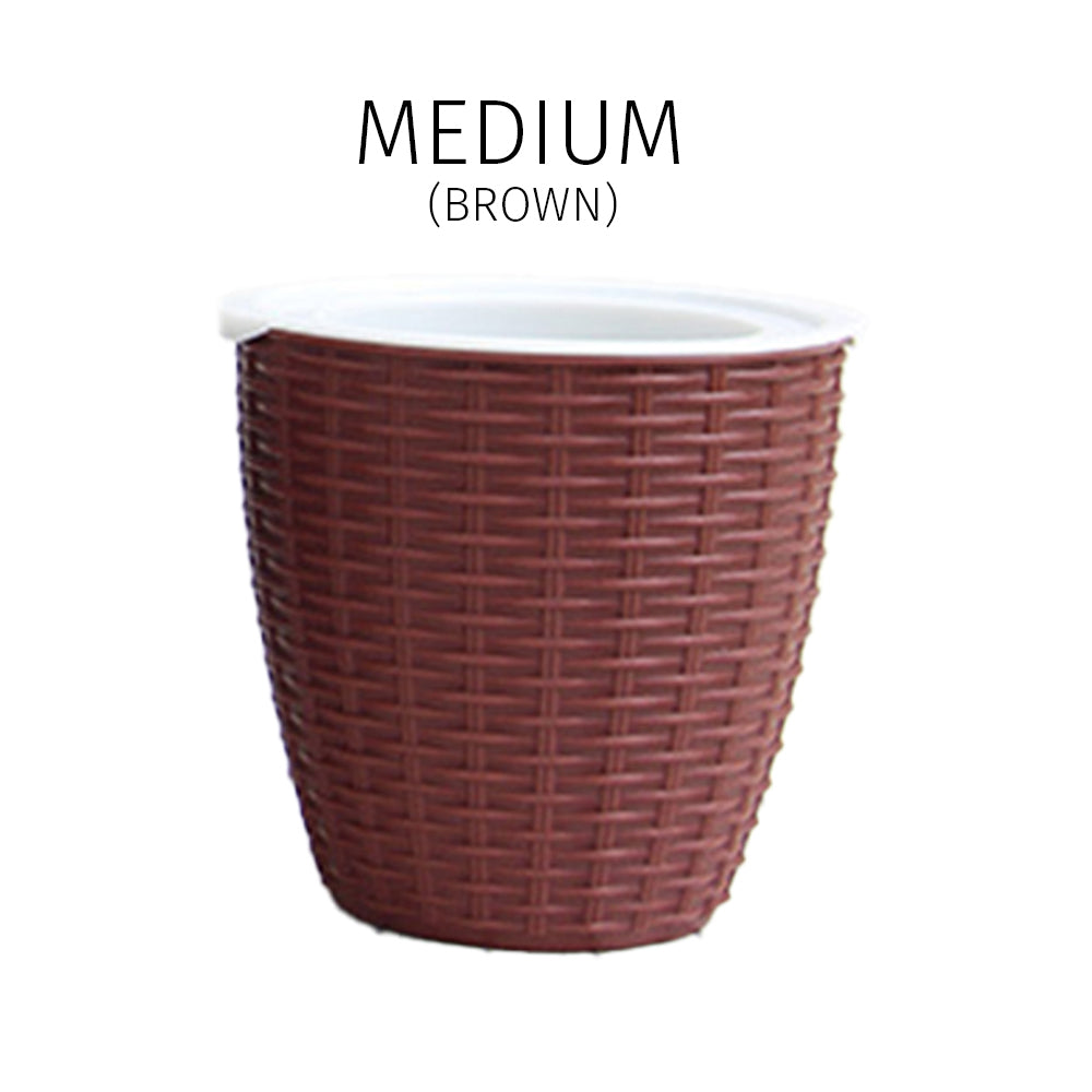 Locaupin Rattan Design Round Flower Pot Lazy Self Watering Planter Absorbent Wicking Rope Inner Water Storage For Plants Herbs