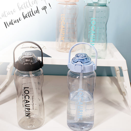 Locaupin Transparent Portable Water Bottle Jug Motivational Time Marker Tumbler with Straw and Handle Fitness Gym Camping Outdoor Sports