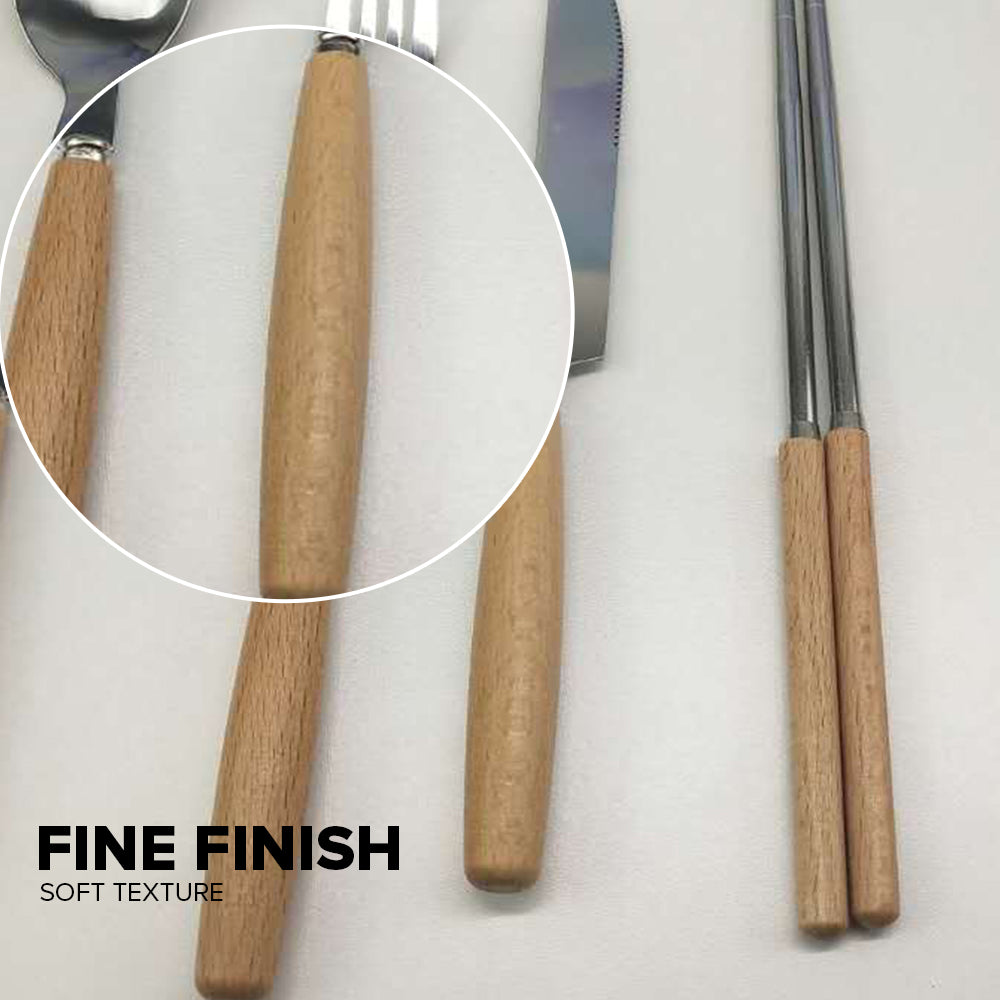 Locaupin Tableware Bamboo Handle Stainless Steel Cutlery Spoon Two Prong Fork Fruit Cake Knife Chopsticks Teaspoon Salad Appetizer Dinner Dish