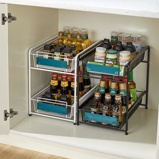 Locaupin Kitchen Rack Under the Sink Shelf Multi-functional Sliding Basket Drawer Double Layer Metal Coated Seasoning Organizer