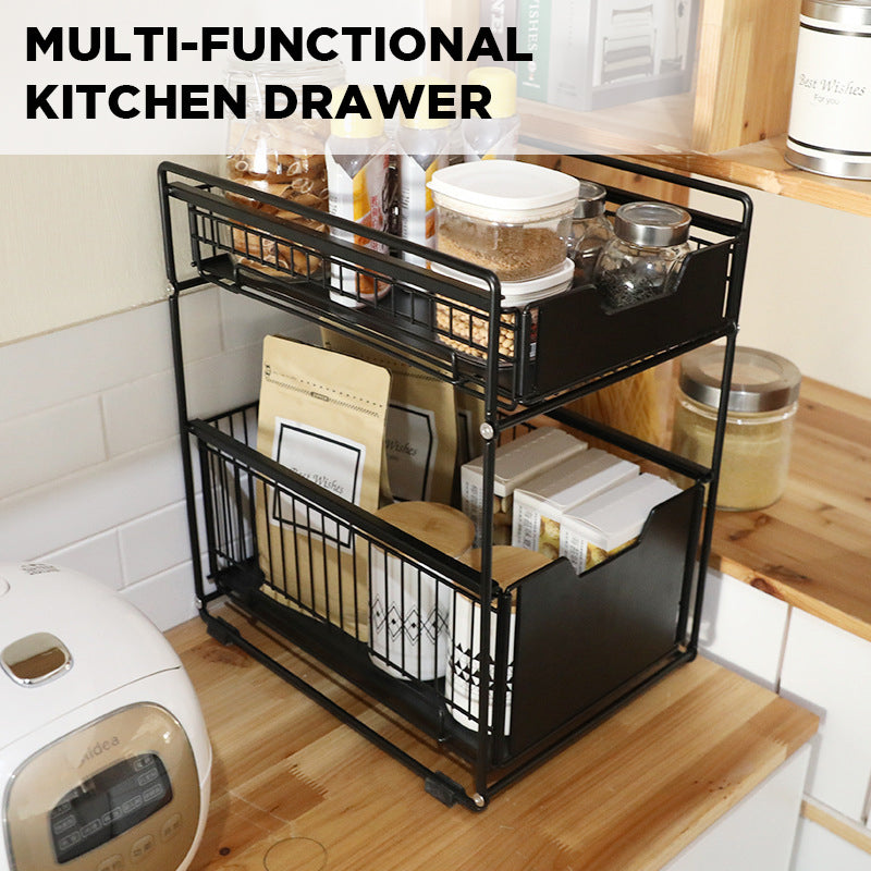 Two Tier Kitchen Drawer Design Organizer Metal Sliding Storage for Bottled Condiments and Bathroom Essentials (Large)
