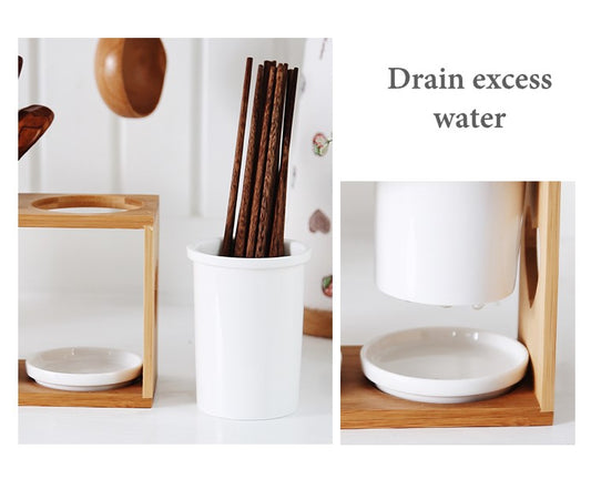 Locaupin Nordic Porcelain Kitchen Utensils Cutlery Holder Rack Chopstick Spoon Fork Jar Container Bamboo Cage Storage with Drainer