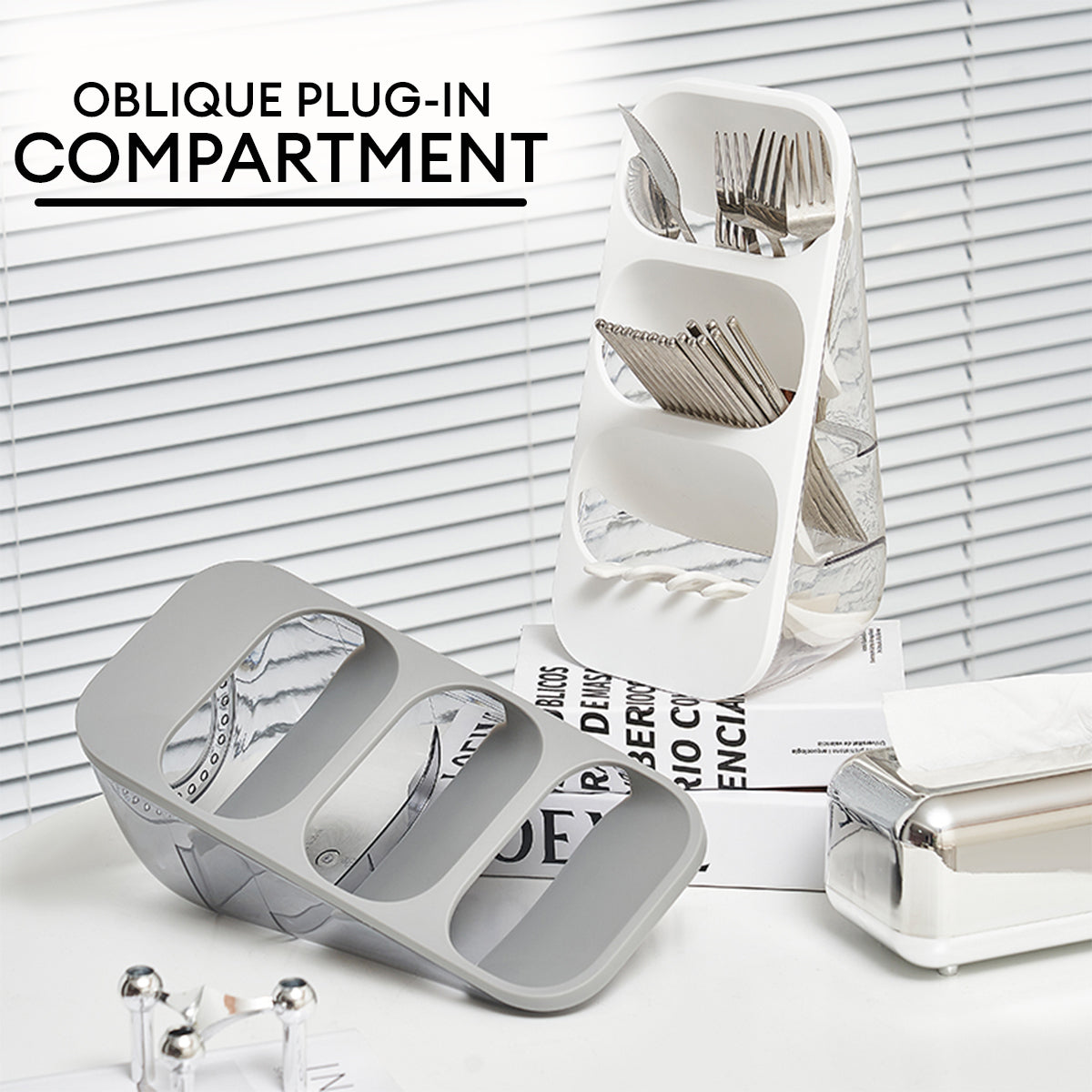 Locaupin 3 Compartment Utensil Holder Kitchen Counter Separable Cutlery Storage Caddy Display Automatic Draining Holes
