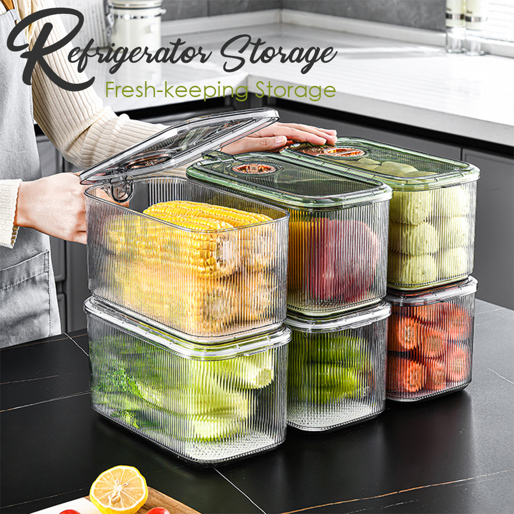 Locaupin Refrigerator Storage Fruit Vegetable Fresh Keeper Meat Container with Handle Easy Open Lid Fridge Organizer Bin Drain Board