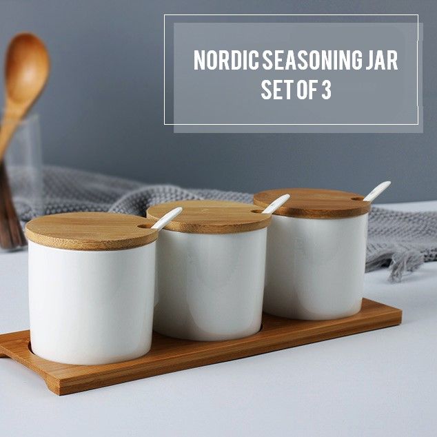 Locaupin Set of 3 Porcelain Bamboo Lid Kitchen Condiment Seasoning Jar Tray with Teaspoon Sugar Pepper Spice Pot Container