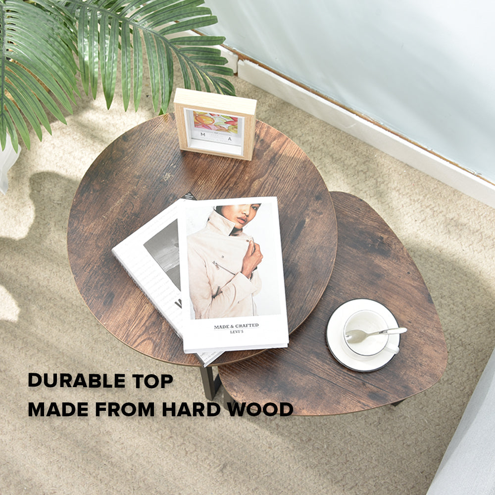 Locaupin Easy Assemble Nesting Side Table Set of 2 Triangle and Round Wooden Top Metal Legs Stacking Coffee Desk Bedside