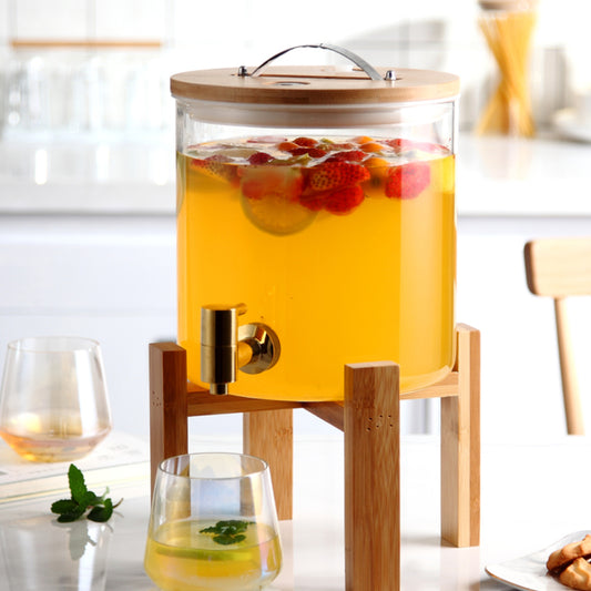 Locaupin Borosilicate Glass Bamboo Lid Water Jug Dispenser with Wooden Stand Hot and Cold Fridge Pitcher Beverage Jar Storage