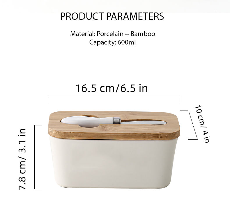 Locaupin Porcelain Butter Keeper Container with Bamboo Lid and Knife Easy Spread Cream Cheese Fresh Keeping Dish Storage