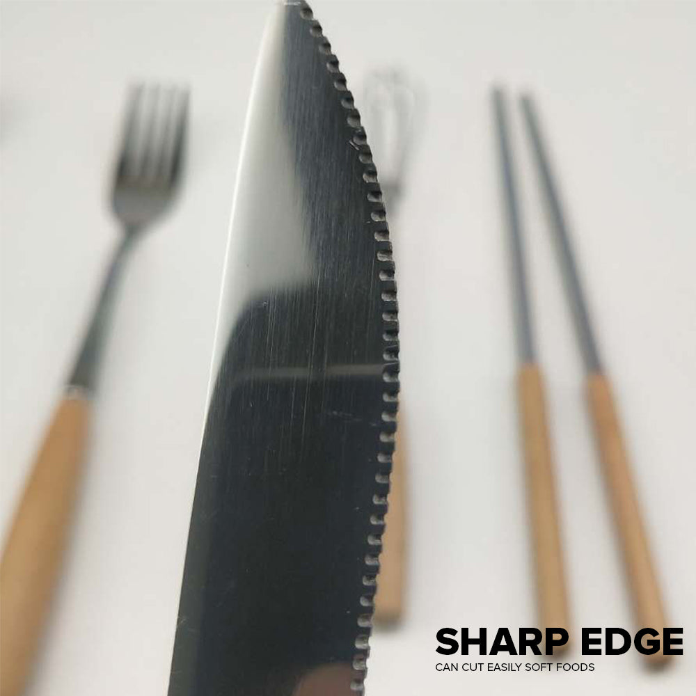 Locaupin Tableware Bamboo Handle Stainless Steel Cutlery Spoon Two Prong Fork Fruit Cake Knife Chopsticks Teaspoon Salad Appetizer Dinner Dish