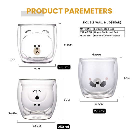 Locaupin Double Wall Mug Glass Cute Bear Design Hot and Cold Beverage Coffee Milk Tea Cup Home Office Drinkware Gift