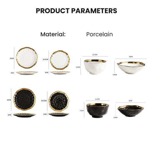 Locaupin Golden Rim Elegant Textured Porcelain Tableware Pasta Bowl Luxury Dinner Plate Party Wedding Dessert Steak Serving Dish