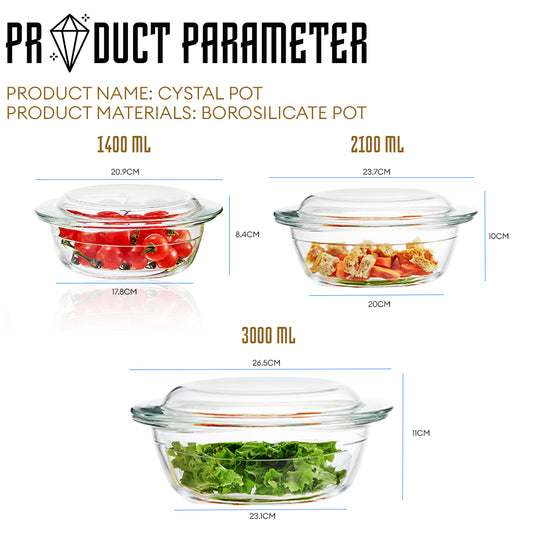 Locaupin Clear Borosilicate Glass Oven Safe Serving Casserole Dish Baking Round Covered Salad Bowl with Handle