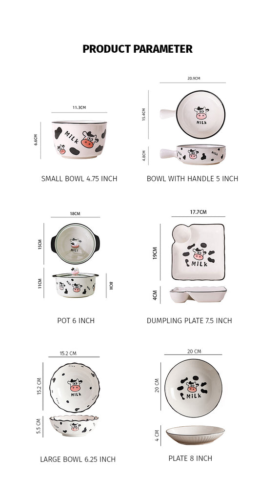 Locaupin Cute Cow Design Porcelain Dinnerware Dumpling Plate Soup Noodle Bowl Appetizer Snack Saucer Serving Dish Pot
