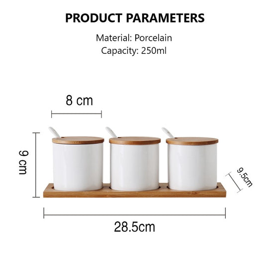 Locaupin Set of 3 Porcelain Bamboo Lid Kitchen Condiment Seasoning Jar Tray with Teaspoon Sugar Pepper Spice Pot Container