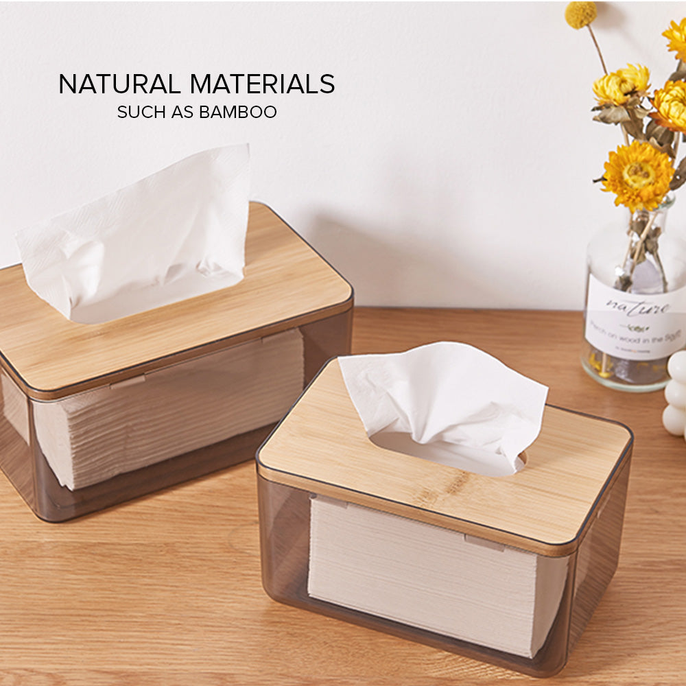 Locaupin Minimalist Clear Tissue Box Dispenser with Bamboo Lid Facial Dryer Sheet Organizer Bathroom Countertop Napkin Holder