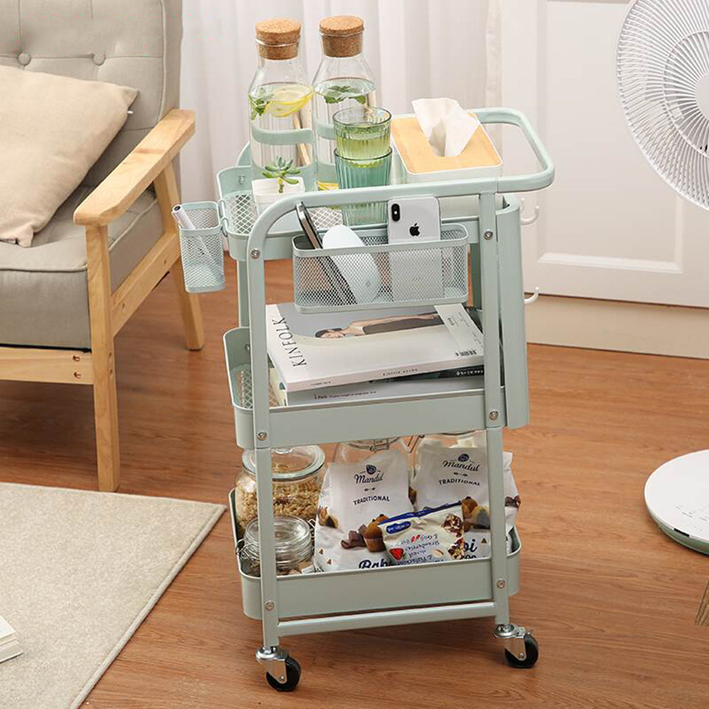 3-Tier Metal Storage Rolling Cart Modern Trolley with Removable Pegboard and Extra Basket Hooks