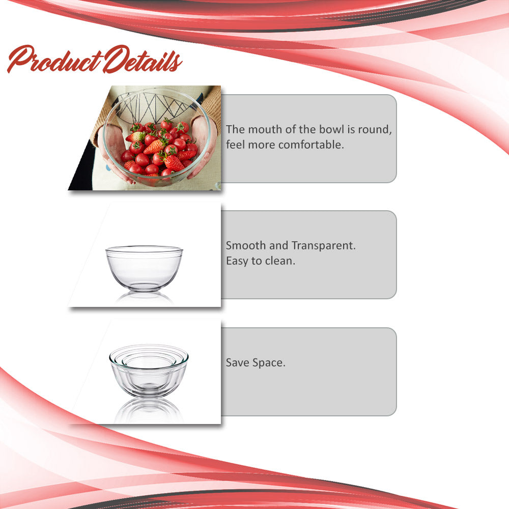Locaupin Borosilicate Glass All Purpose Round Salad Bowl Food Container Mixing Fruit Prepping Serving Dessert Snack