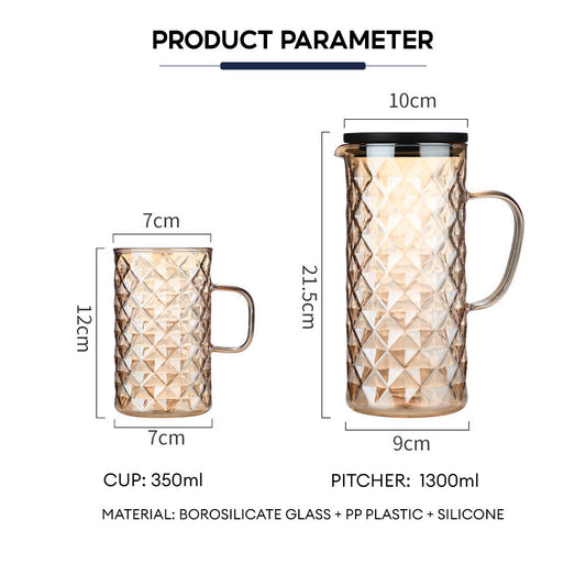 Locaupin Borosilicate Glass Clear Black Diamond Design Refrigerator Pitcher with Lid Coffee Mug Hot Cold Beverage Water Cup