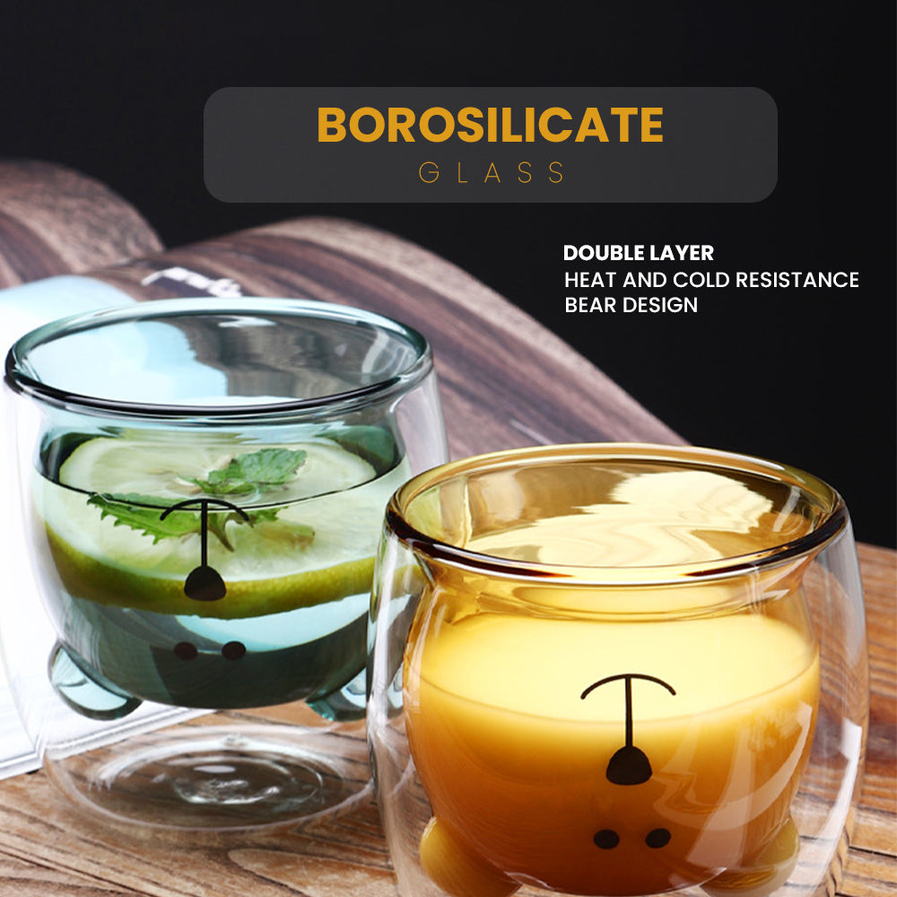 Locaupin Double Wall Mug Glass Cute Bear Design Hot and Cold Beverage Coffee Milk Tea Cup Home Office Drinkware Gift