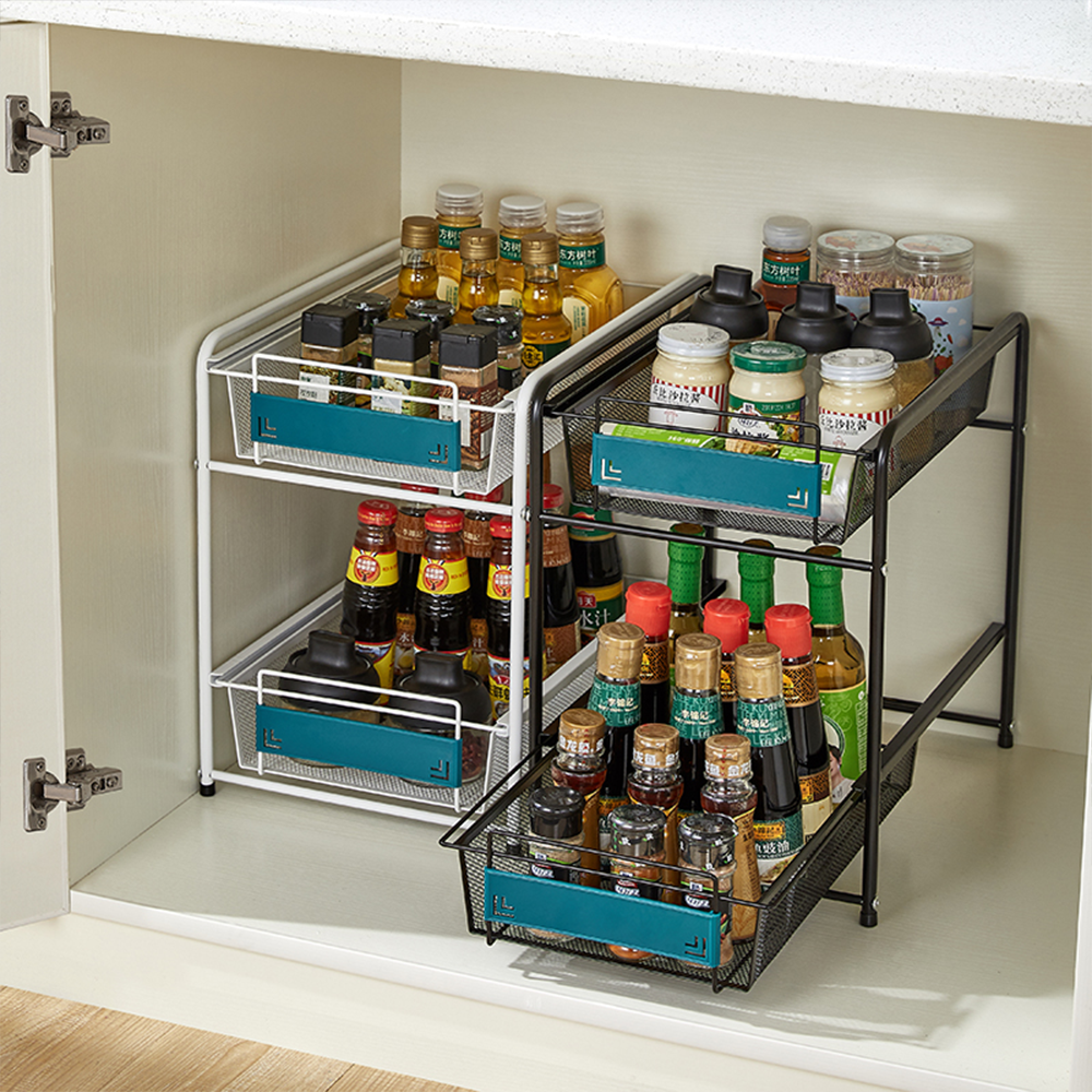 Locaupin Kitchen Rack Under the Sink Shelf Multi-functional Sliding Basket Drawer Double Layer Metal Coated Seasoning Organizer