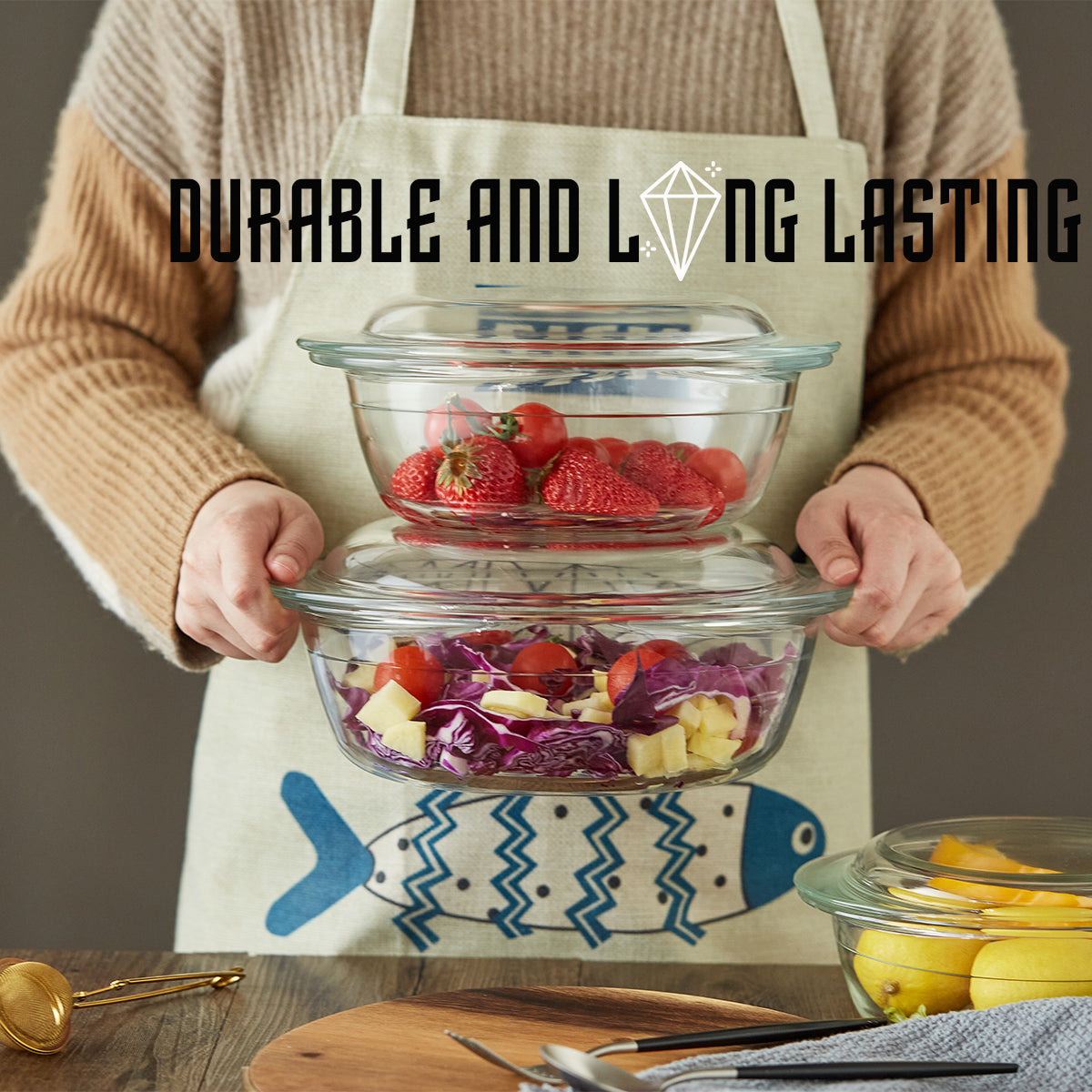 Locaupin Clear Borosilicate Glass Oven Safe Serving Casserole Dish Baking Round Covered Salad Bowl with Handle