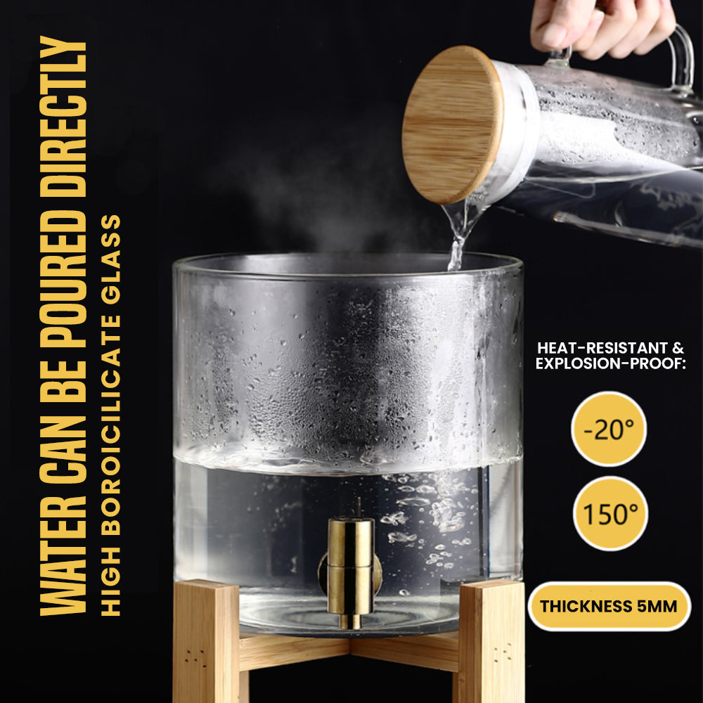 Locaupin Borosilicate Glass Bamboo Lid Water Jug Dispenser with Wooden Stand Hot and Cold Fridge Pitcher Beverage Jar Storage