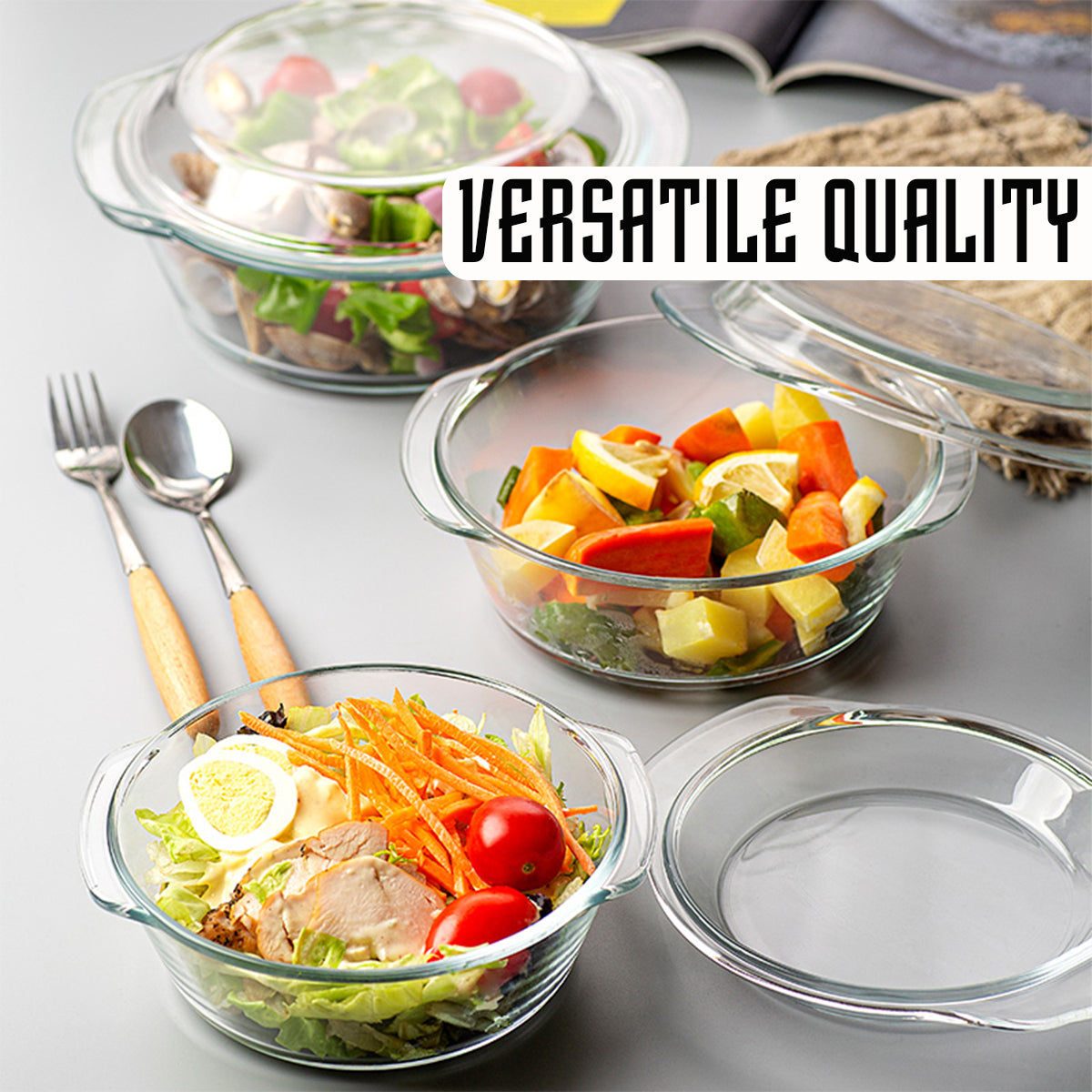 Locaupin Clear Borosilicate Glass Oven Safe Serving Casserole Dish Baking Round Covered Salad Bowl with Handle