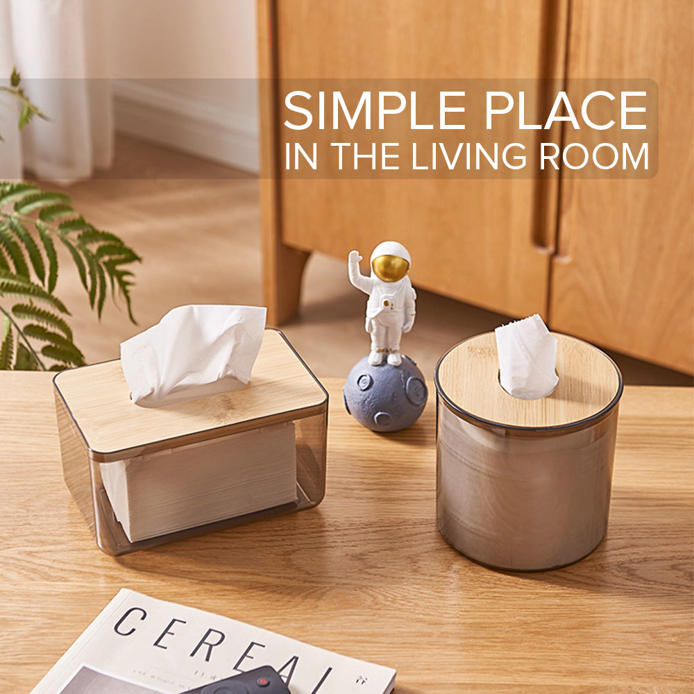 Locaupin Minimalist Clear Tissue Box Dispenser with Bamboo Lid Facial Dryer Sheet Organizer Bathroom Countertop Napkin Holder