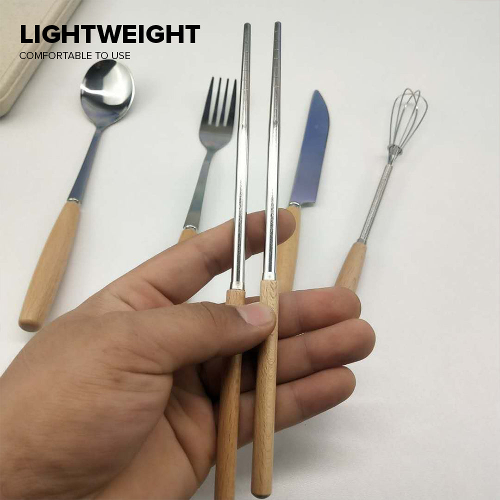 Locaupin Tableware Bamboo Handle Stainless Steel Cutlery Spoon Two Prong Fork Fruit Cake Knife Chopsticks Teaspoon Salad Appetizer Dinner Dish