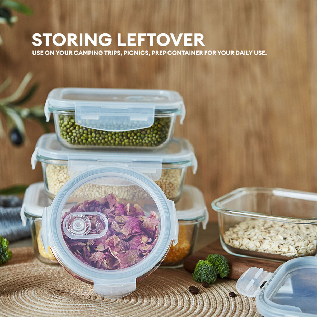 Locaupin Borosilicate Glass Lunch Box Meal Prep Container Leftover Food Storage Steam Release Valve Air Vent Locking Lid Kitchen Organizer