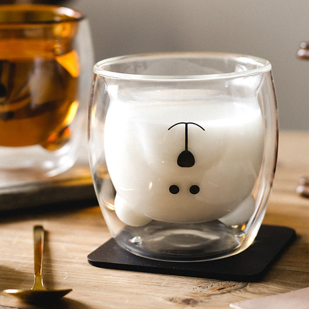 Locaupin Double Wall Mug Glass Cute Bear Design Hot and Cold Beverage Coffee Milk Tea Cup Home Office Drinkware Gift