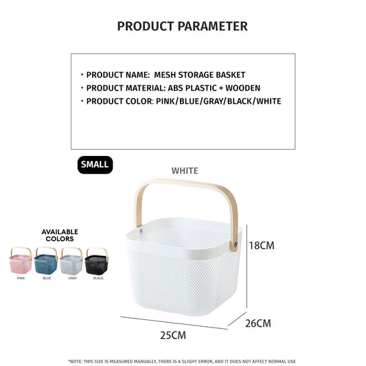 Locaupin Set of Plastic Mesh Basket with Wooden Handle Cosmetic Organizer Kitchen Fruit Vegetable Storage Multifunctional Salon Spa Shopping Bin