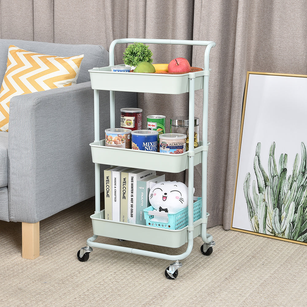 3-Tier Kitchen Utility PP Plastic Tray Trolley Shelf Rack Organizer with Locking Wheels and Handle