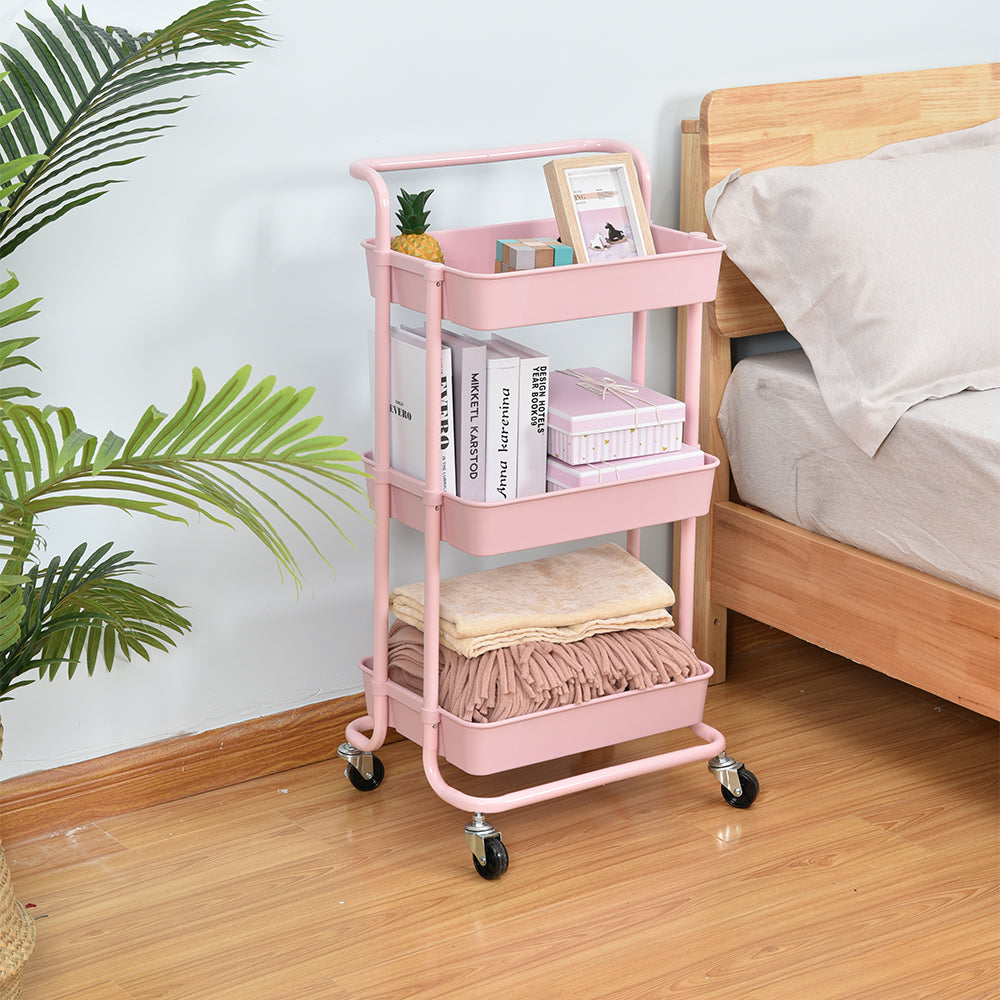 3-Tier Kitchen Utility PP Plastic Tray Trolley Shelf Rack Organizer with Locking Wheels and Handle
