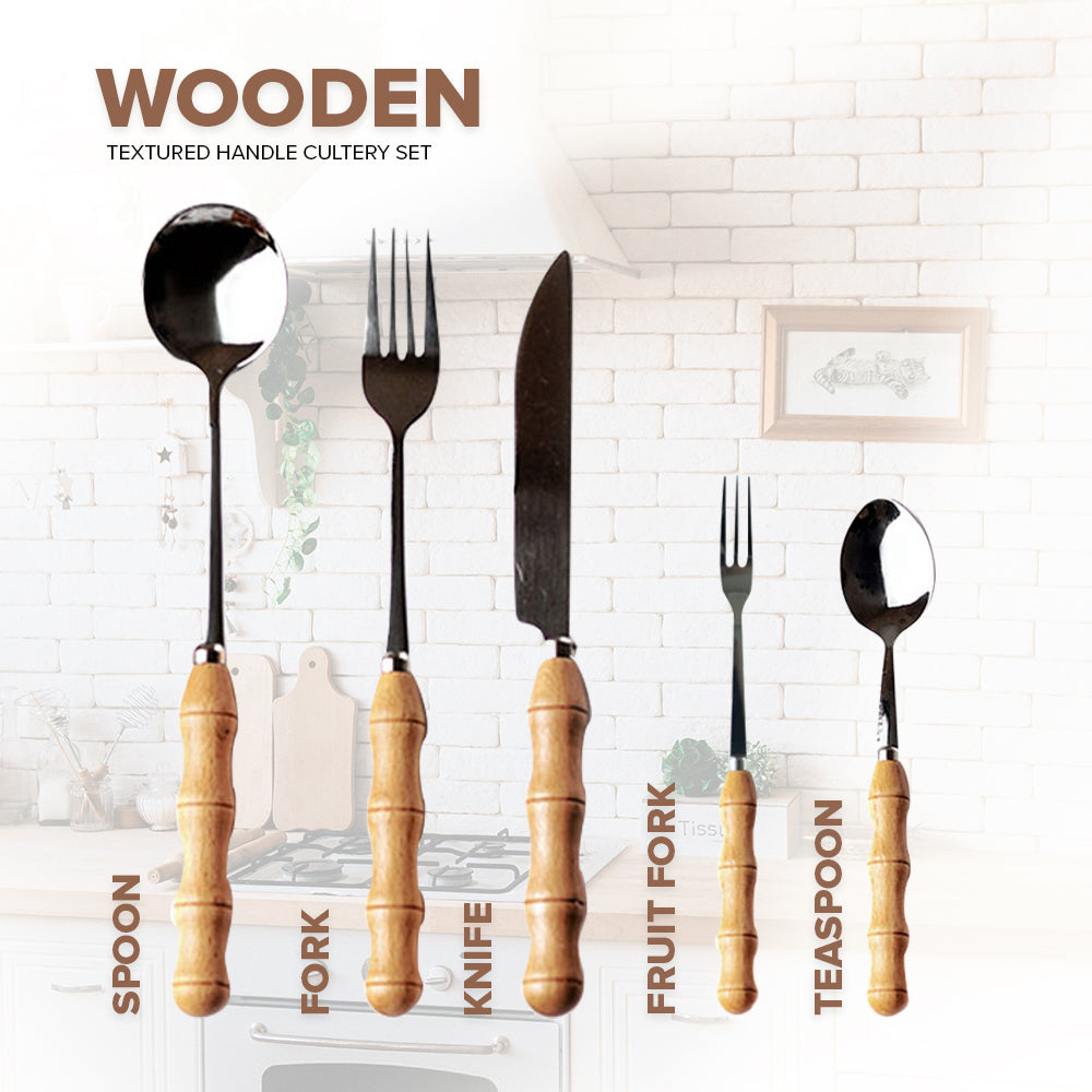 Locaupin Stainless Steel Bamboo Handle Silverware Cutlery Utensils Spoon Knife Two Prong Fruit Fork Teaspoon Dining Table Serving Dish Dessert Appetizer