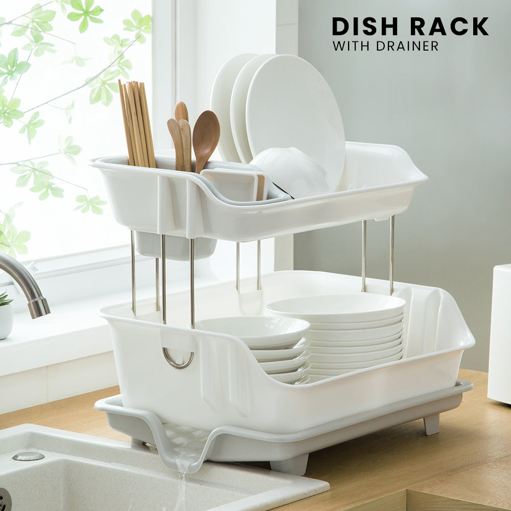 Locaupin Tier Dish Drainer Plate Rack with Drain Board and Utensil Holder Over the Sink Kitchen Countertop Organizer
