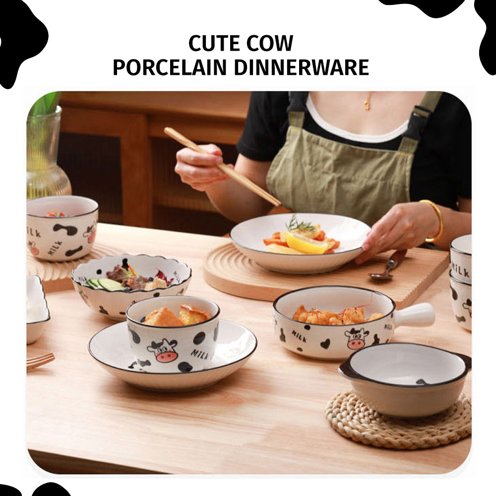 Locaupin Cute Cow Design Porcelain Dinnerware Dumpling Plate Soup Nood