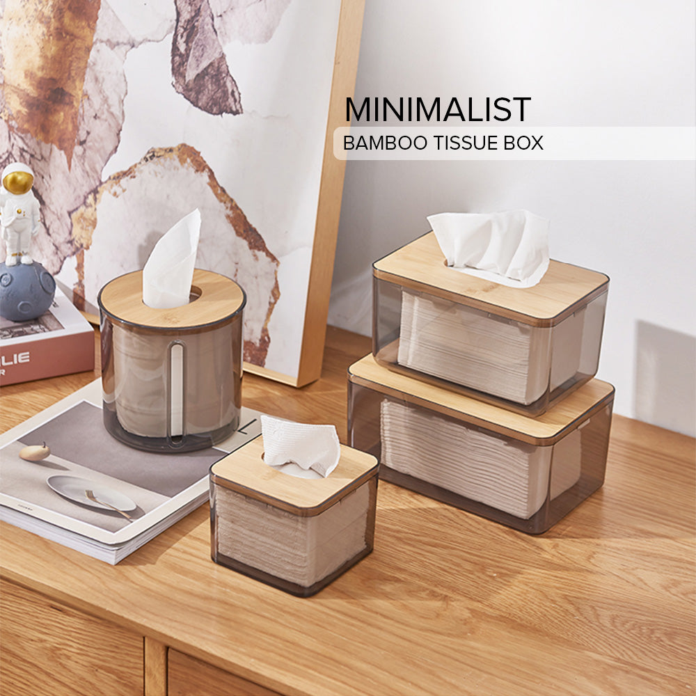 Locaupin Minimalist Clear Tissue Box Dispenser with Bamboo Lid Facial Dryer Sheet Organizer Bathroom Countertop Napkin Holder