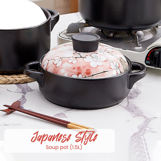 Locaupin Japanese Style Sakura Design Kitchen Porcelain Casserole Cooking Soup Pot with Lid and Handle Heat Resistant Dinner Serving Bowl