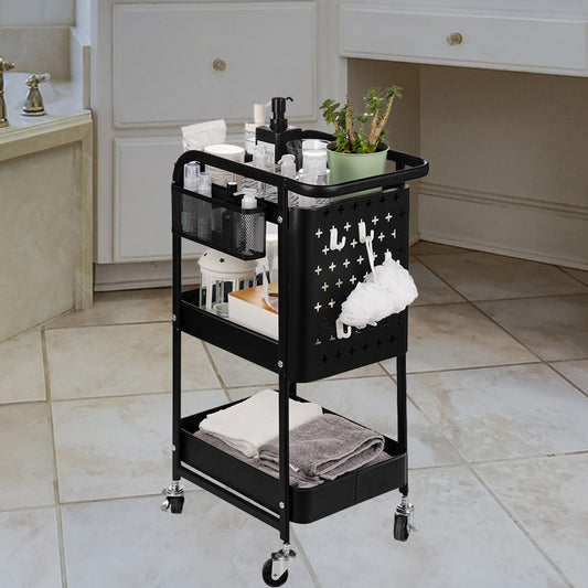 3-Tier Metal Storage Rolling Cart Modern Trolley with Removable Pegboard and Extra Basket Hooks